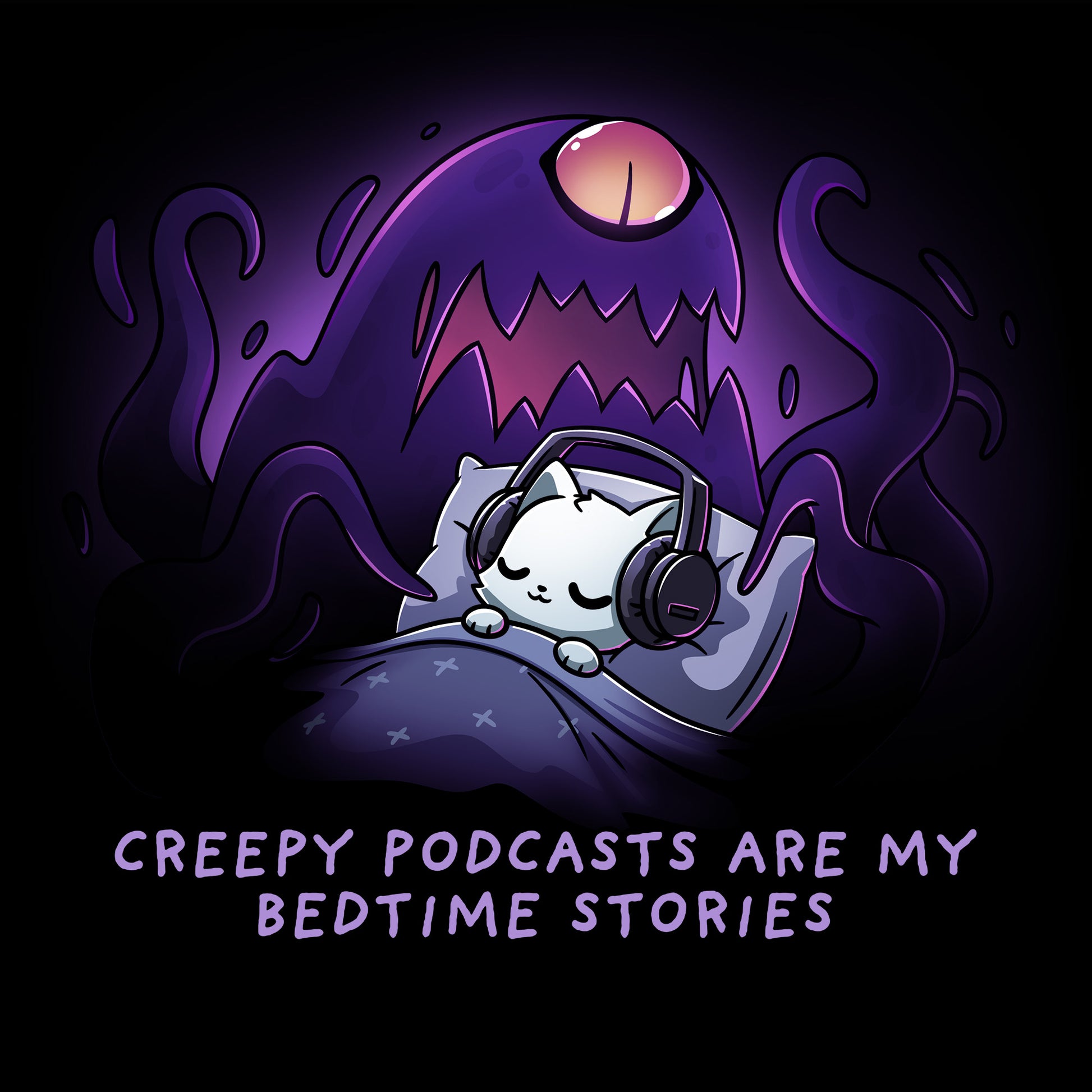 Crew Neck Sweatshirt_TeeTurtle black Creepy Podcasts Are My Bedtime Stories apparel featuring a cat lying down in bed cozily wearing headphones with a giant purple monster looming over it and waving its tentacles.