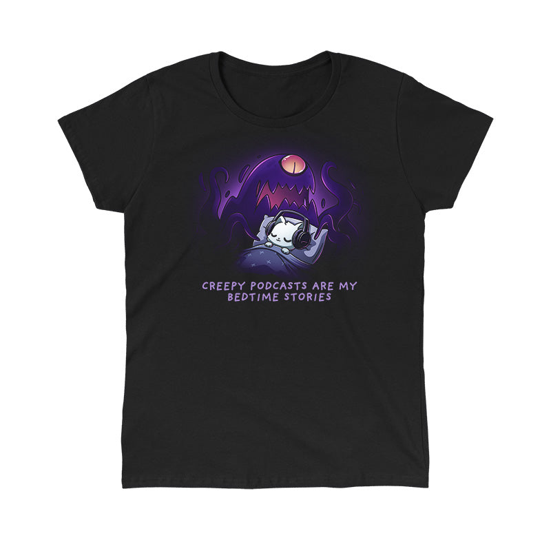 Classic Cotton T-shirt_TeeTurtle black Creepy Podcasts Are My Bedtime Stories apparel featuring a cat lying down in bed cozily wearing headphones with a giant purple monster looming over it and waving its tentacles.