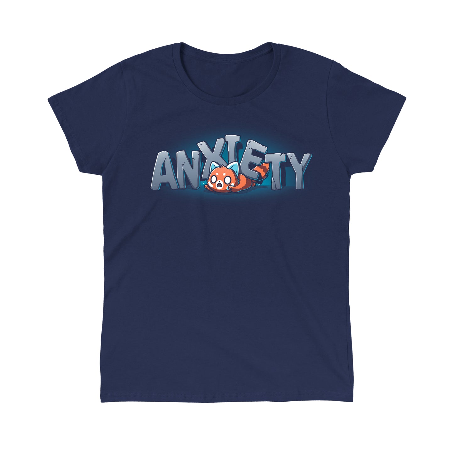 Classic Cotton T-shirt_TeeTurtle Crushing Anxiety navy blue t-shirt featuring an anxious red panda being squished under giant letters made of stone that spell "Anxiety" on top of his body. 