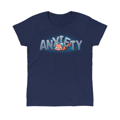 Classic Cotton T-shirt_TeeTurtle Crushing Anxiety navy blue t-shirt featuring an anxious red panda being squished under giant letters made of stone that spell "Anxiety" on top of his body. 