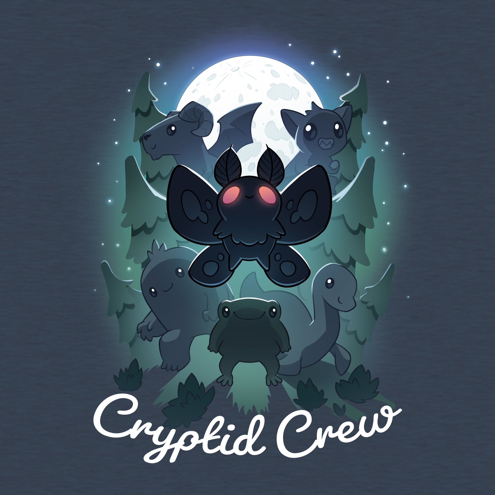 Classic Cotton T-shirt_TeeTurtle Cryptid Crew heather navy t-shirt featuring a whimsical illustration of six cartoon cryptids, including a mothman and a jackalope, in a forest with a full moon in the background. Text at the bottom reads "Cryptid Crew."