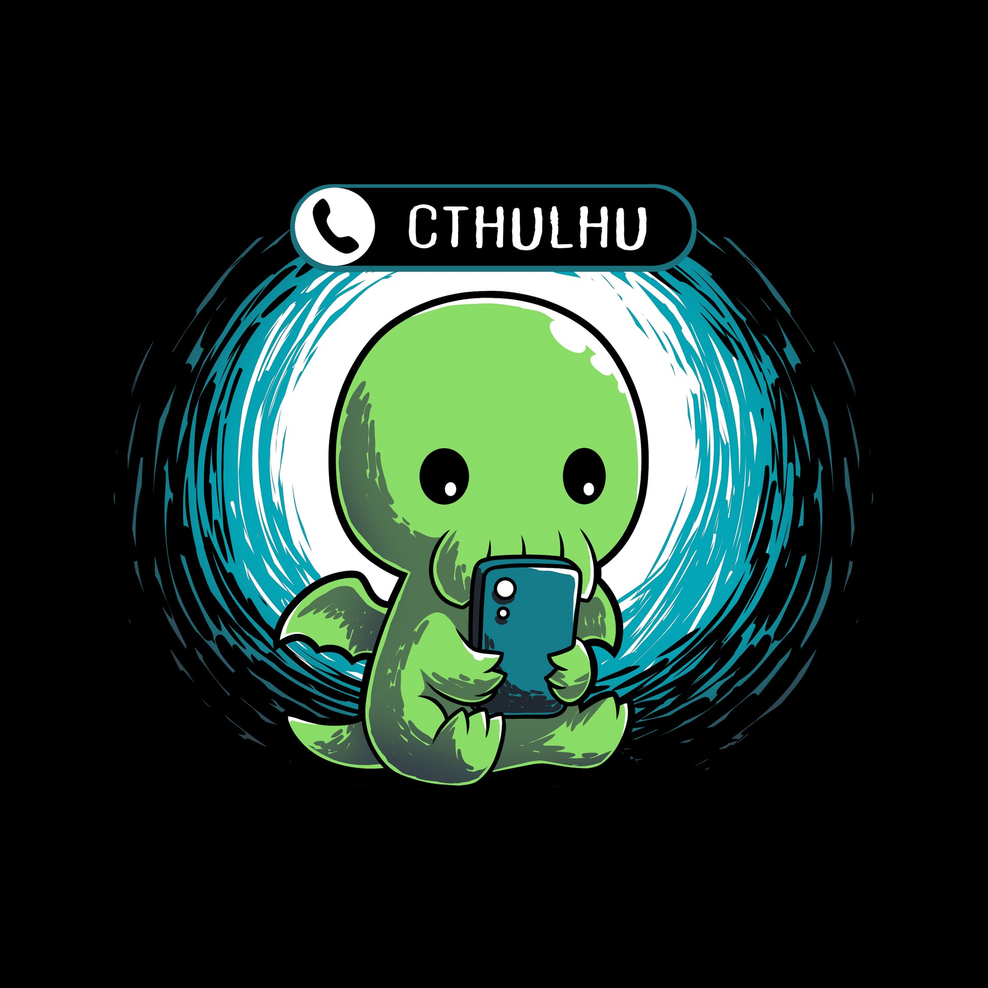 Long Sleeve T-shirt_TeeTurtle Cthulhu Calling black t-shirt featuring a Cthulhu holding a smartphone and looking at the screen with an incoming call notification displaying "Cthulhu" at the top.