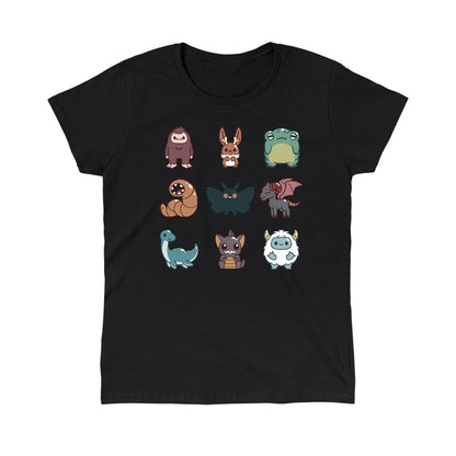 Classic Cotton T-shirt_TeeTurtle Cute Cryptids black t-shirt featuring a grid of cute cryptids, featuring a bigfoot, bunny, frog, worm, moth, winged goat, aquatic dinosaur, bat, and yeti.