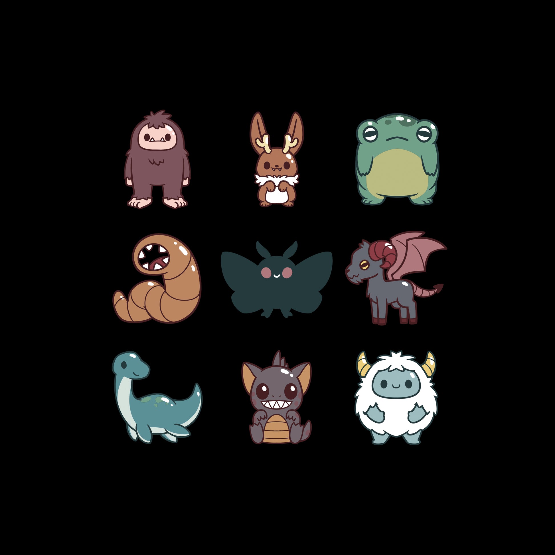 Classic Cotton T-shirt_TeeTurtle Cute Cryptids black t-shirt featuring a grid of cute cryptids, featuring a bigfoot, bunny, frog, worm, moth, winged goat, aquatic dinosaur, bat, and yeti.