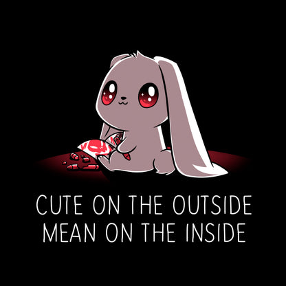 Classic Cotton T-shirt_TeeTurtle Cute on the Outside, Mean on the Inside black t-shirt featuring a a cute bunny with big eyes drawing red skulls with a crayon, with text "Cute on the Outside, Mean on the Inside" beneath it. 