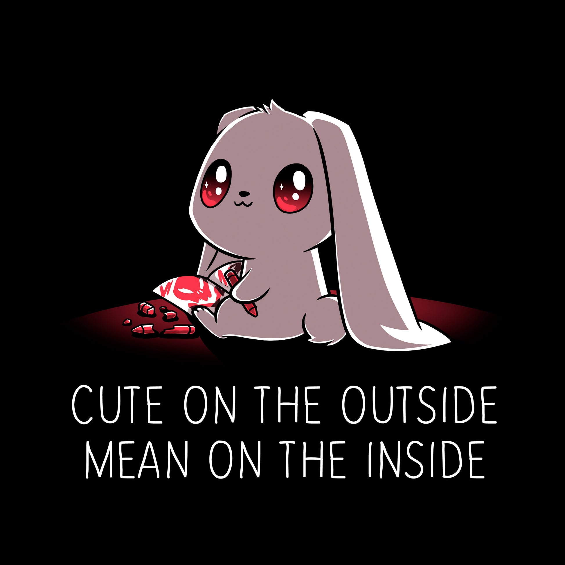 Long Sleeve T-shirt_TeeTurtle Cute on the Outside, Mean on the Inside black t-shirt featuring a a cute bunny with big eyes drawing red skulls with a crayon, with text "Cute on the Outside, Mean on the Inside" beneath it. 