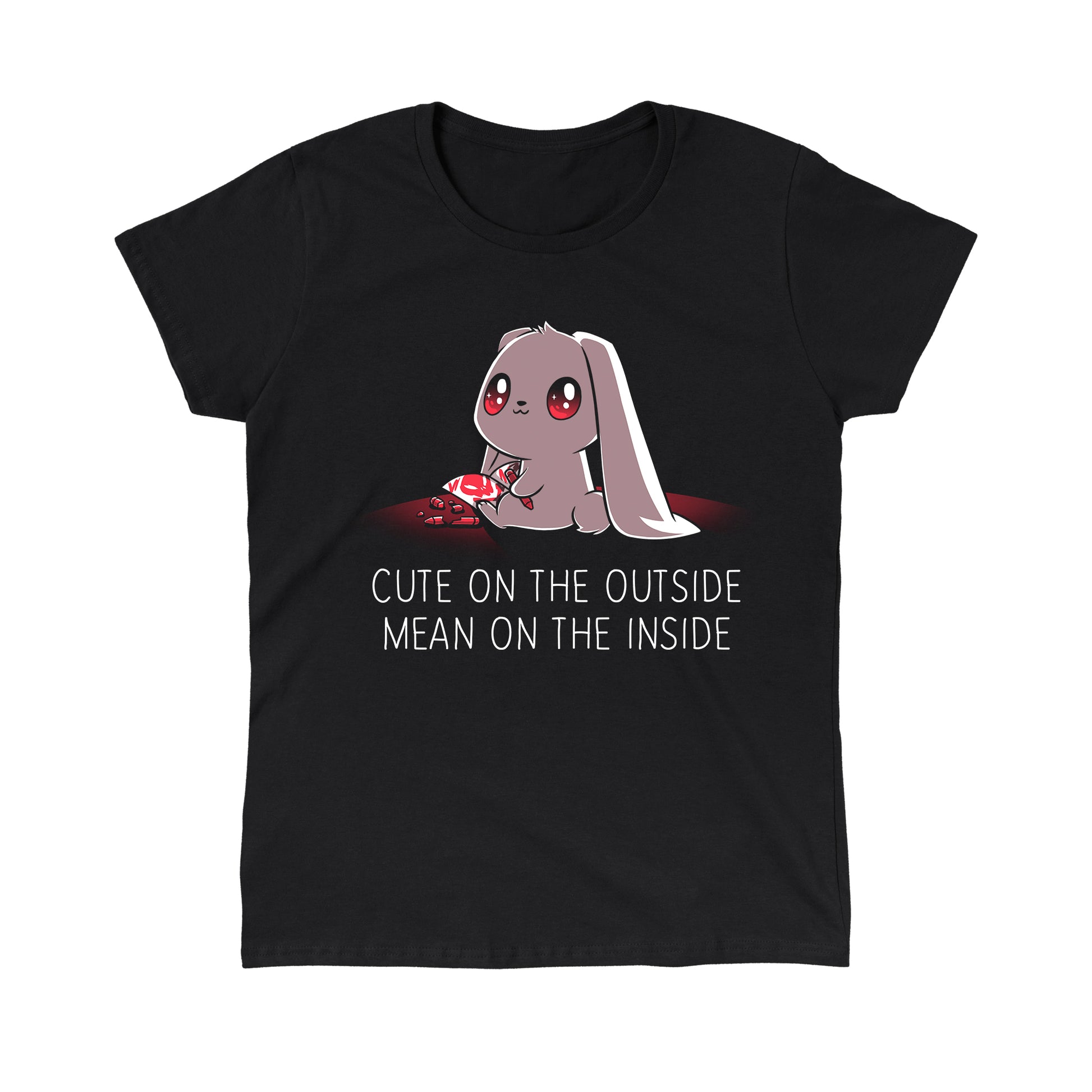 Classic Cotton T-shirt_TeeTurtle Cute on the Outside, Mean on the Inside black t-shirt featuring a a cute bunny with big eyes drawing red skulls with a crayon, with text "Cute on the Outside, Mean on the Inside" beneath it. 