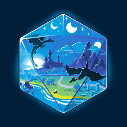 Classic Cotton T-shirt_Illustration of a fantasy world within a hexagonal frame, featuring flying dragons, a castle, mountains, a river, and both the sun and moon in the sky. Perfect for your monsterdigital D20 Landscape apparel collection in super soft ringspun cotton.