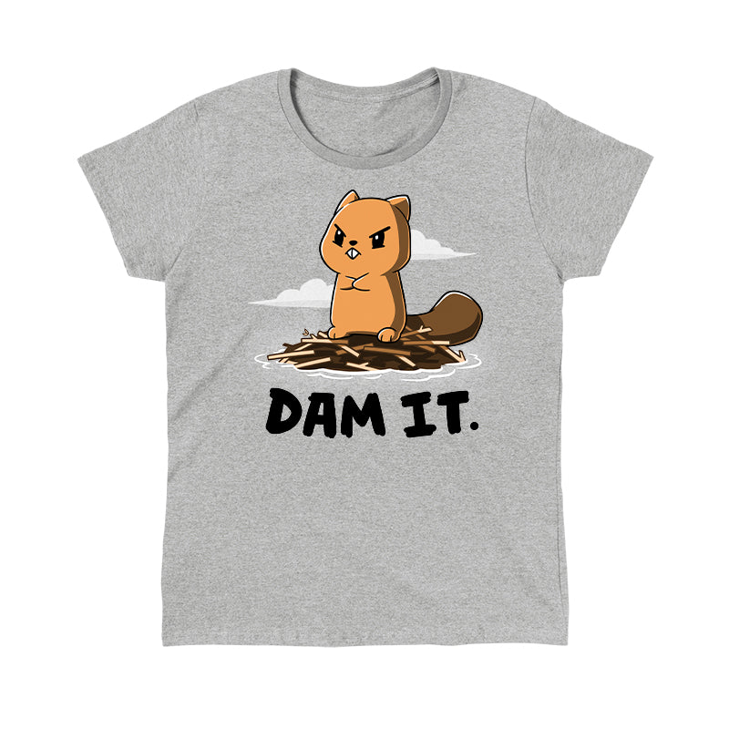 Classic Cotton T-shirt_TeeTurtle Dam It Heather Gray t-shirt featuring A cartoon beaver with an angry expression stands on a dam of sticks with the text "DAM IT." below. 