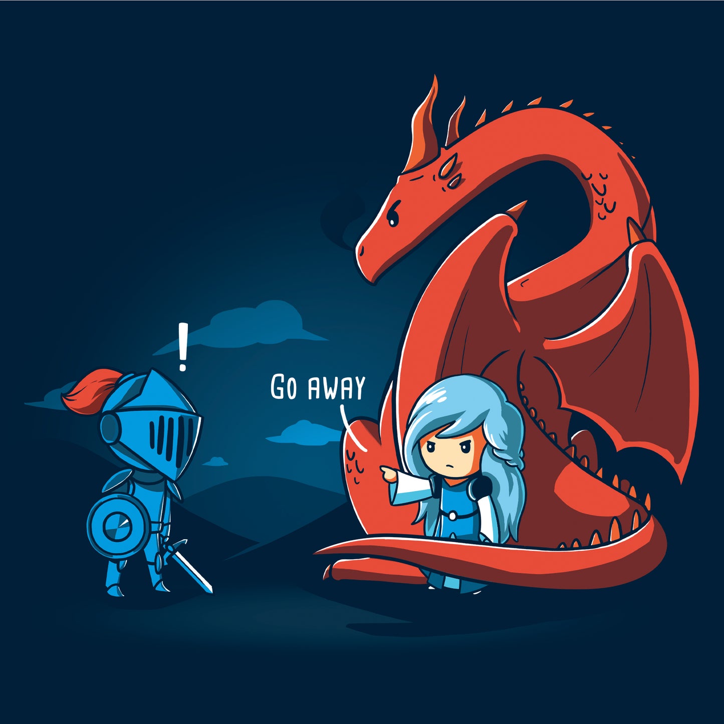 Long Sleeve T-shirt_TeeTurtle navy blue Damsel In Control. Featuring a damsel with a dragon telling a knight trying to rescue the damsel to go away.