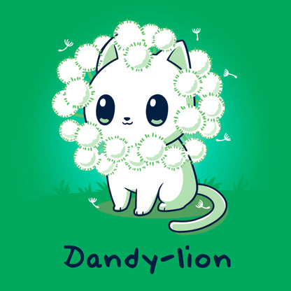 Classic Cotton T-shirt_TeeTurtle Dandy-lion irish green t-shirt featuring a white cat with a dandelion fluff mane and a pun underneath it.