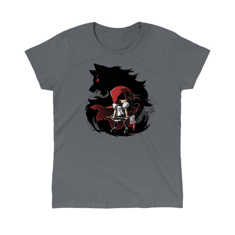 Classic Cotton T-shirt_TeeTurtle Dangerous charcoal gray t-shirt featuring a girl wearing a red riding hood holding an axe in front of a swirling silhouette of a wolf with a red eye, straight out of reading dark fairy tales. 