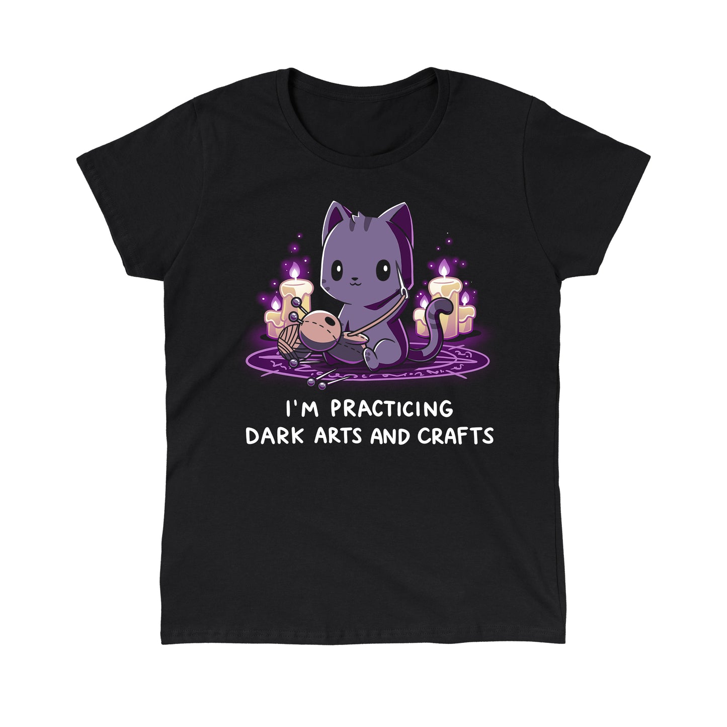 Classic Cotton T-shirt_TeeTurtle Dark Arts and Crafts black t-shirt featuring a cat crafting a voodoo doll