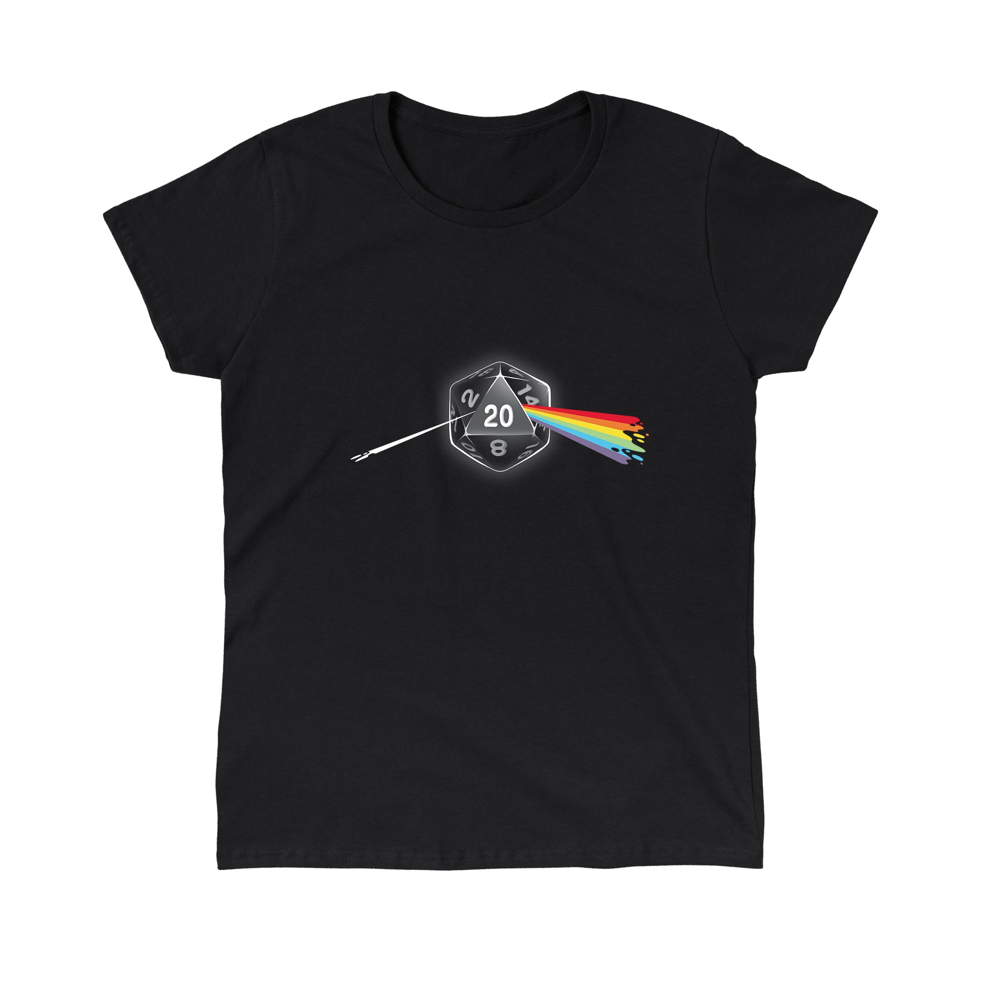 Classic Cotton T-shirt_TeeTurtle Dark Side of the D20 black t-shirt featuring a 20-sided die from a tabletop game with the number 20 facing forward, emitting a rainbow-colored beam that resembles a prism effect.