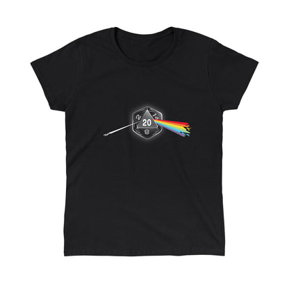 Classic Cotton T-shirt_TeeTurtle Dark Side of the D20 black t-shirt featuring a 20-sided die from a tabletop game with the number 20 facing forward, emitting a rainbow-colored beam that resembles a prism effect.