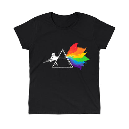 Classic Cotton T-shirt_TeeTurtle black Dark Side of the Kitsune. Featuring a white kitsune jumping through a triangular prism with a rainbow-colored tail.