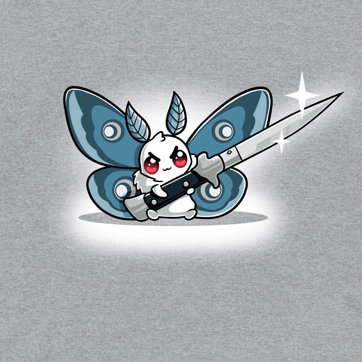 Pullover Hoodie_TeeTurtle Deadly Moth heather gray design featuring a oth character with red eyes and blue wings holds a large shiny knife with a smile that hints at dark humor.