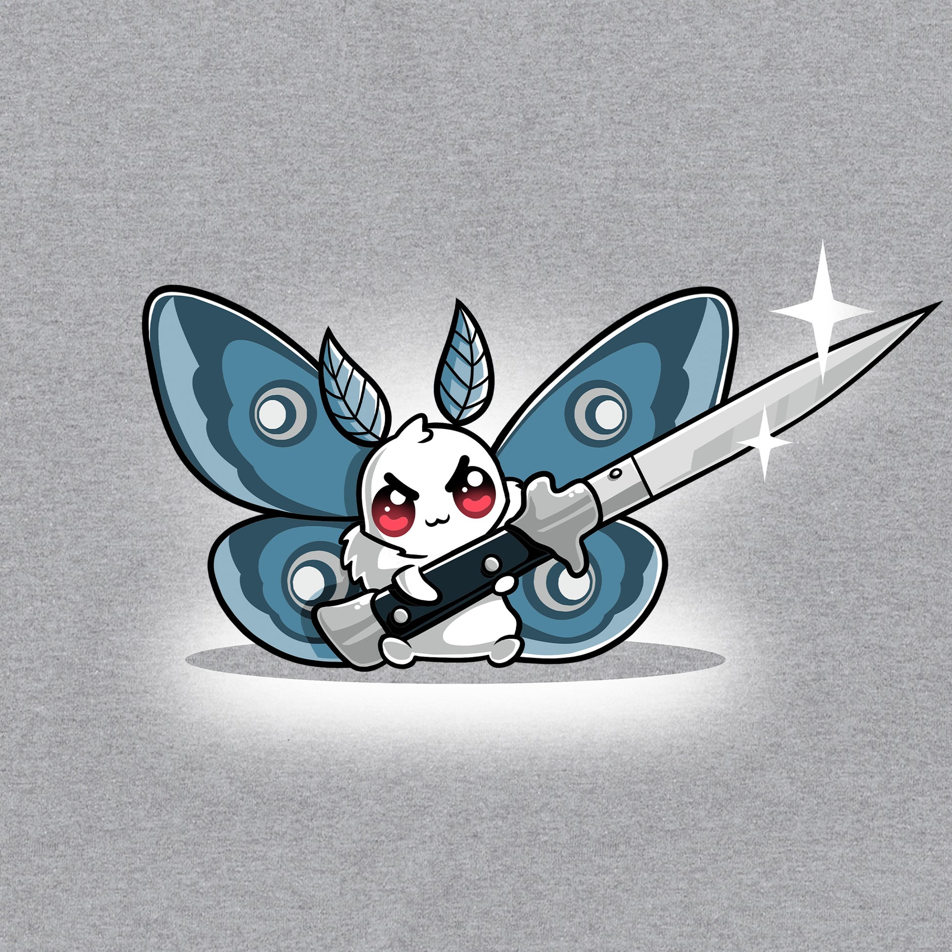 Classic Cotton T-shirt_TeeTurtle Deadly Moth silver gray t-shirt featuring a moth character with red eyes and blue wings holds a large shiny knife with a smile that hints at dark humor.