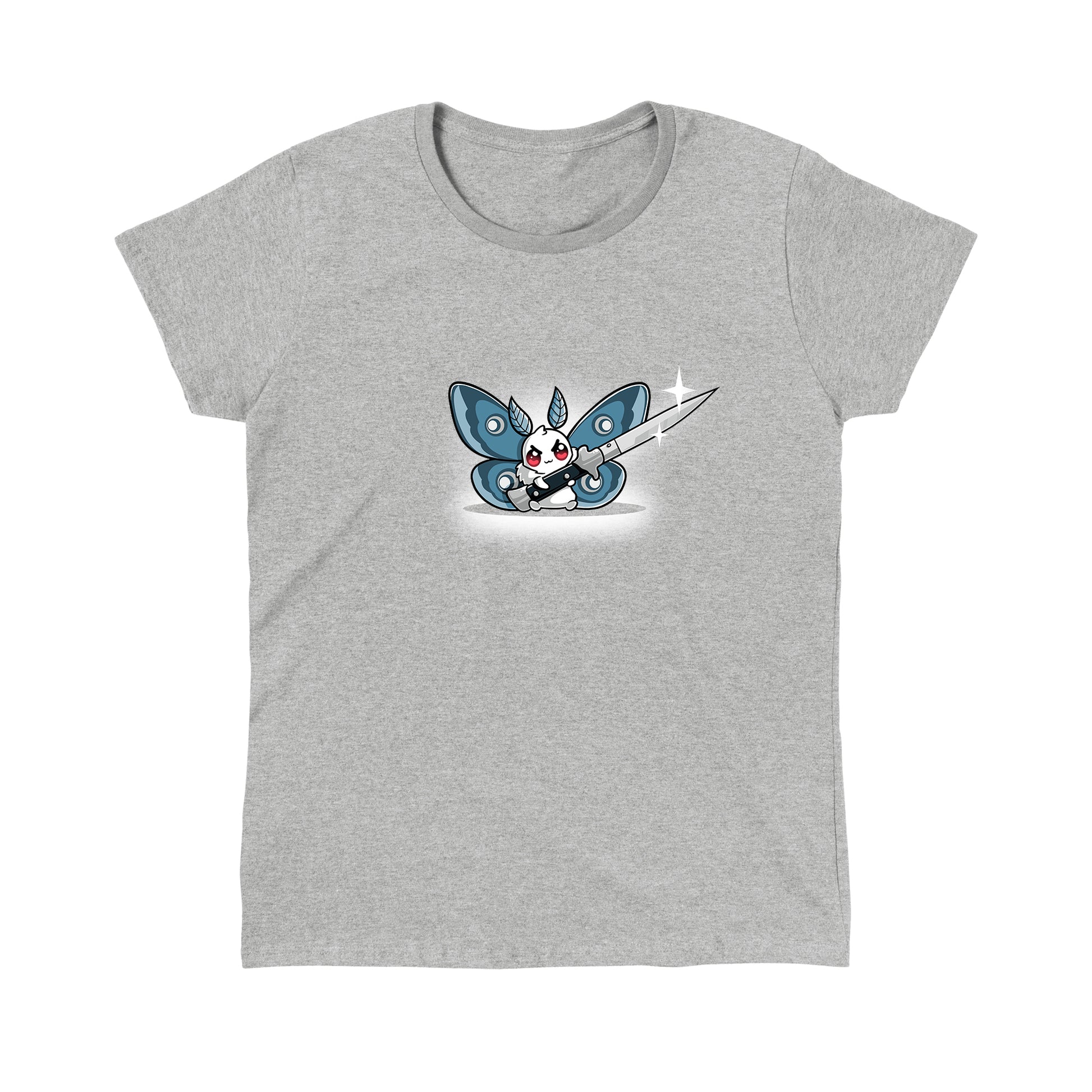 Classic Cotton T-shirt_TeeTurtle Deadly Moth heather gray t-shirt featuring a moth character with red eyes and blue wings holds a large shiny knife with a smile that hints at dark humor.