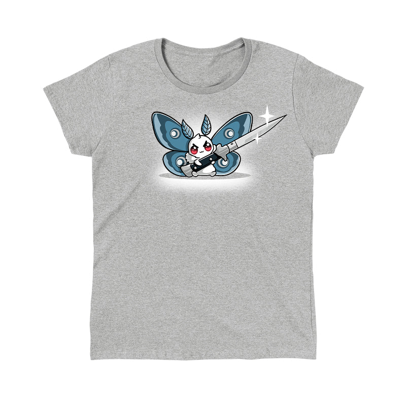 Classic Cotton T-shirt_TeeTurtle Deadly Moth silver gray t-shirt featuring a moth character with red eyes and blue wings holds a large shiny knife with a smile that hints at dark humor.