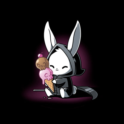 Classic Cotton T-shirt_TeeTurtle Death By Ice Cream black t-shirt featuring a rabbit in a black cloak with a double-scoop ice cream cone.