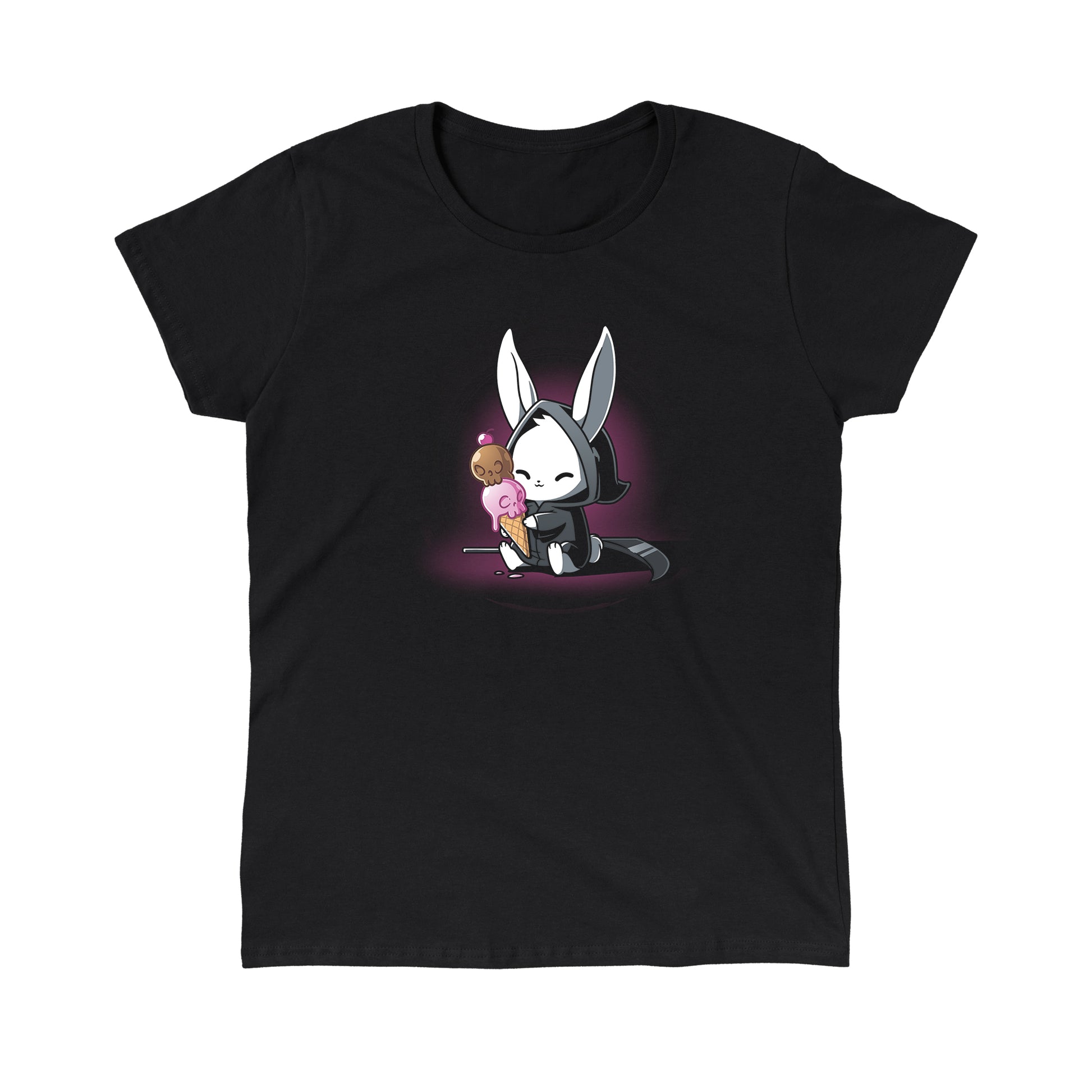 Classic Cotton T-shirt_TeeTurtle Death By Ice Cream black t-shirt featuring a rabbit in a black cloak with a double-scoop ice cream cone.