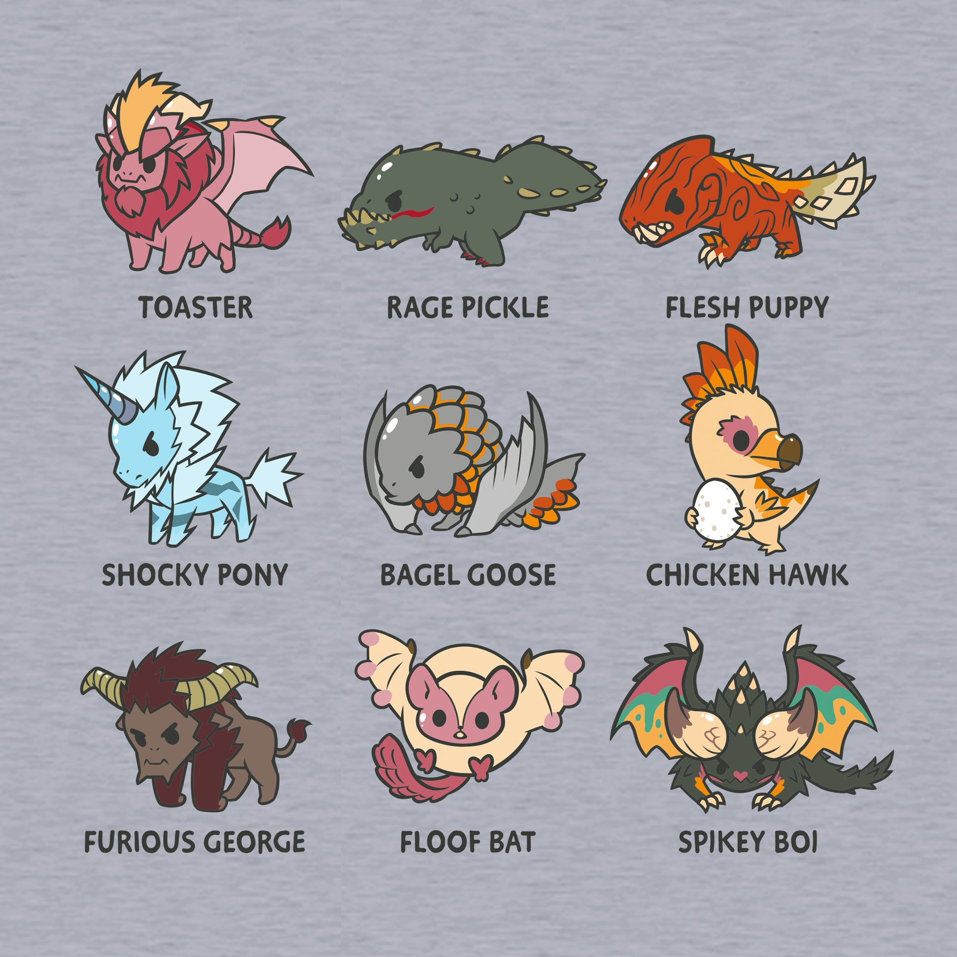 Long Sleeve T-shirt_TeeTurtle heather gray Derpy Monster Hunter Grid apparel featuring various Monster Hunter boss monsters with their fandom nicknames in a grid, in the order of Toaster, Rage Pickle, Flesh Puppy, Shock Pony, Bagel Goose, Chicken Hawk, Furious George, Floof Bat, and Spikey Boi.