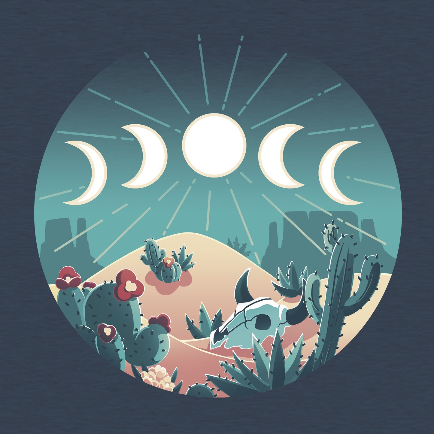 Classic Cotton T-shirt_TeeTurtle heather navy Desert Moons apparel featuring a desert landscape scene with different moon phases.