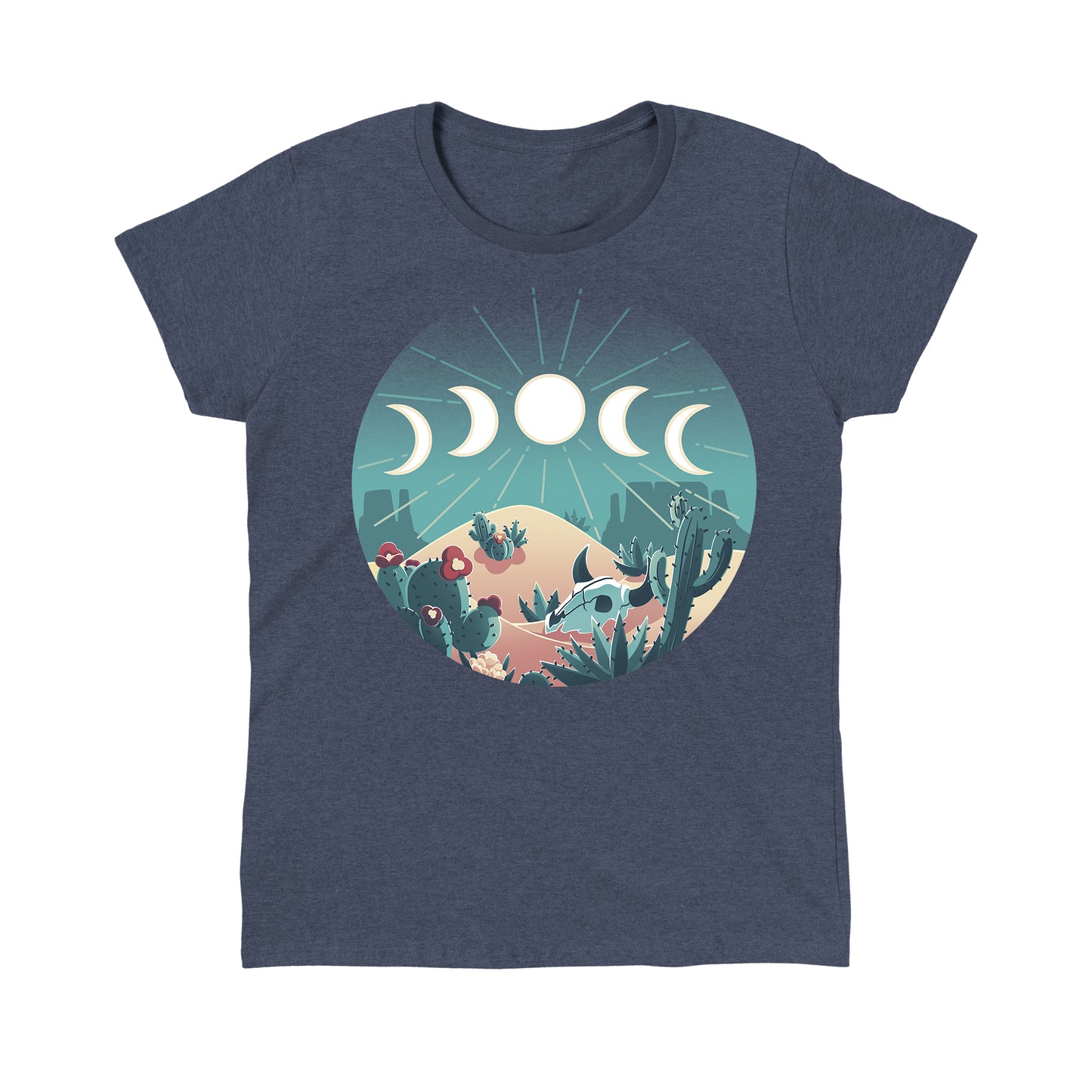 Classic Cotton T-shirt_TeeTurtle Desert Moons heather navy t-shirt featuring a desert scene with different moon phases and cactus.