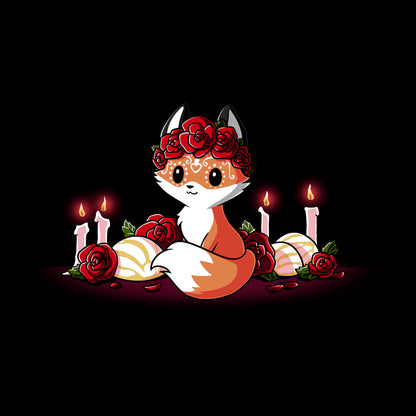  Classic Cotton T-shirt_TeeTurtle Dia de los Foxes black t-shirt featuring a cute little fox animal with Dia de los Muertos markings and wearing a crown of roses, surrounded by lit candles, roses and other Day of the Dead objects.