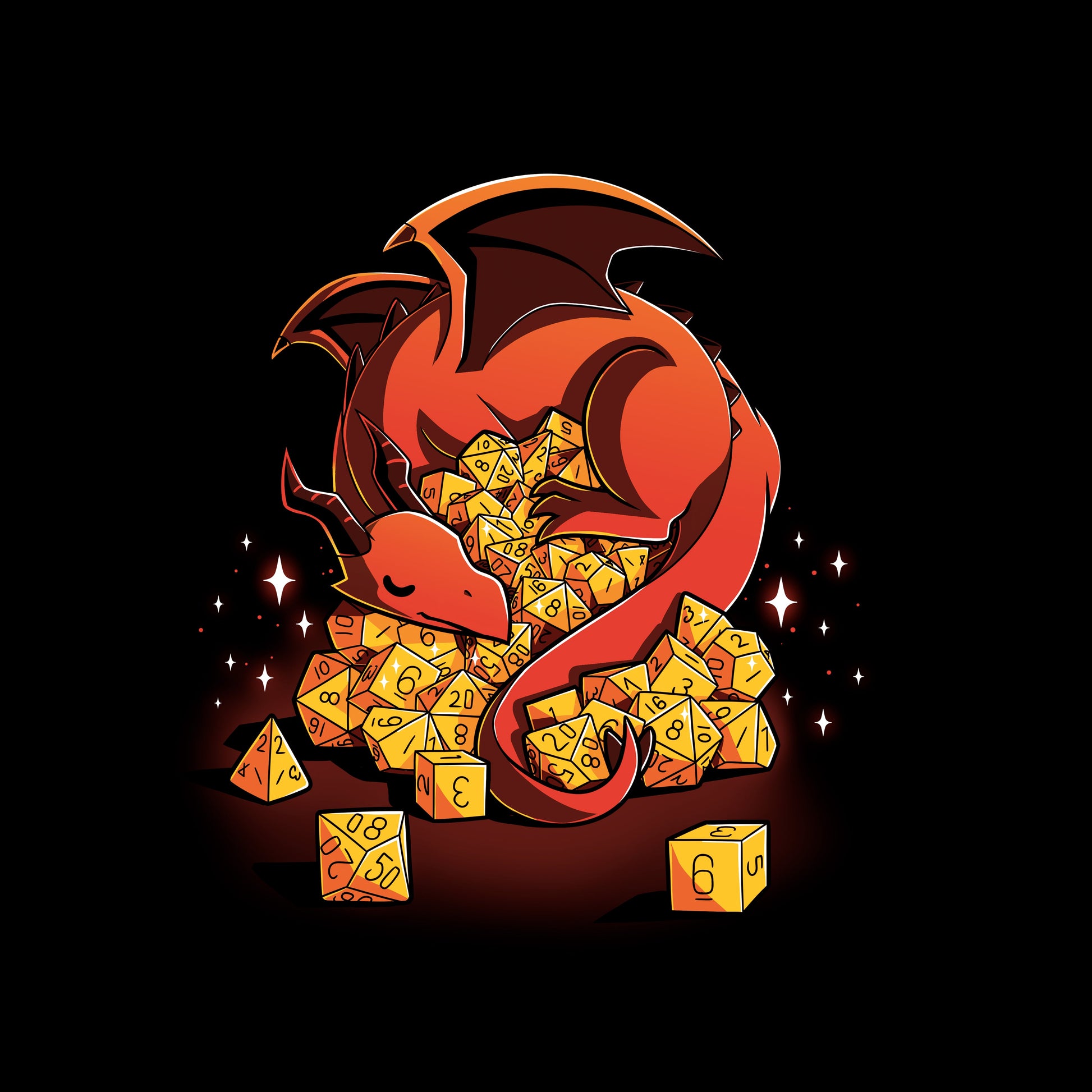 Classic Cotton T-shirt_A red dragon is curled around an overflowing pile of yellow polyhedral dice, with sparkles around. Show off your inner Dice Hoarder with this black monsterdigital Dice Hoarder apparel crafted from super soft ringspun cotton. The dice include various types ranging from d4 to d20.