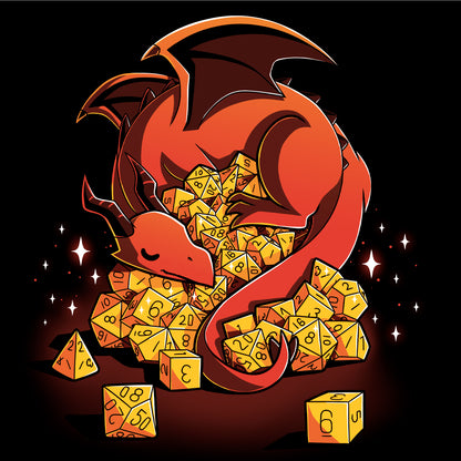 Long Sleeve T-shirt_A red dragon is curled around an overflowing pile of yellow polyhedral dice, with sparkles around. Show off your inner Dice Hoarder with this black monsterdigital Dice Hoarder apparel crafted from super soft ringspun cotton. The dice include various types ranging from d4 to d20.