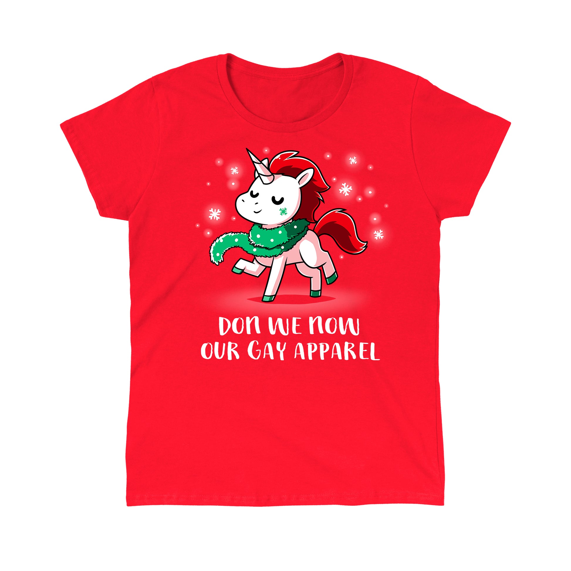 Classic Cotton T-shirt_TeeTurtle Don We Now Our Gay Apparel red t-shirt featuring a fabulous unicorn wearing Christmas garland as a scarf.
