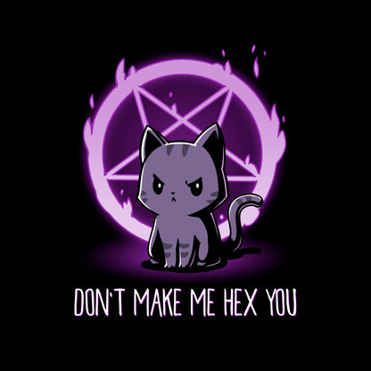 Pullover Hoodie_TeeTurtle Don't Make Me Hex You black design featuring a cat in front of a purple flaming pentagram.