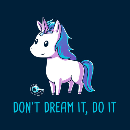 Classic Cotton T-shirt_TeeTurtle navy blue Don't Dream It Do It. Featuring a horse with a paper unicorn horn taped to its forehead.