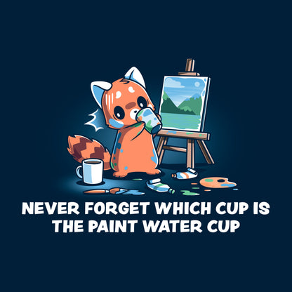 Long Sleeve T-shirt_TeeTurtle Don’t Drink the Paint Water navy blue t-shirt featuring a red panda that’s painting a picture and taking a sip of paint water and looking at the mug of coffee on the floor.