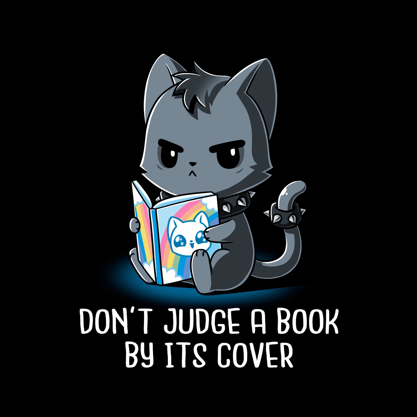 Classic Cotton T-shirt_TeeTurtle Don't Judge a Book By It's Cover black t-shirt featuring seemingly grumpy, goth-looking cat wearing a spiked collar and spiked ring on its tail reading a bright, happy-looking rainbow-covered book above the text 'Don't Judge A Book By Its Cover.'