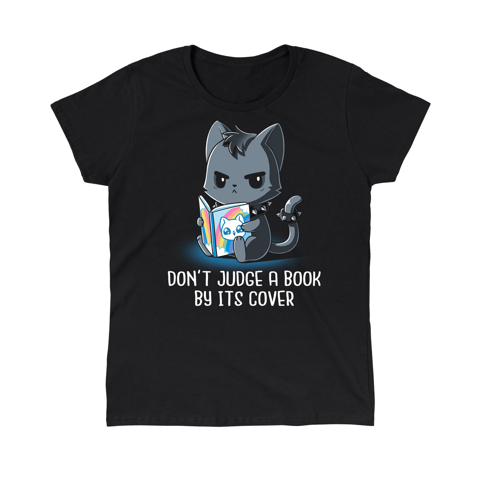 Classic Cotton T-shirt_TeeTurtle Don't Judge a Book By It's Cover black t-shirt featuring seemingly grumpy, goth-looking cat wearing a spiked collar and spiked ring on its tail reading a bright, happy-looking rainbow-covered book above the text 'Don't Judge A Book By Its Cover.'