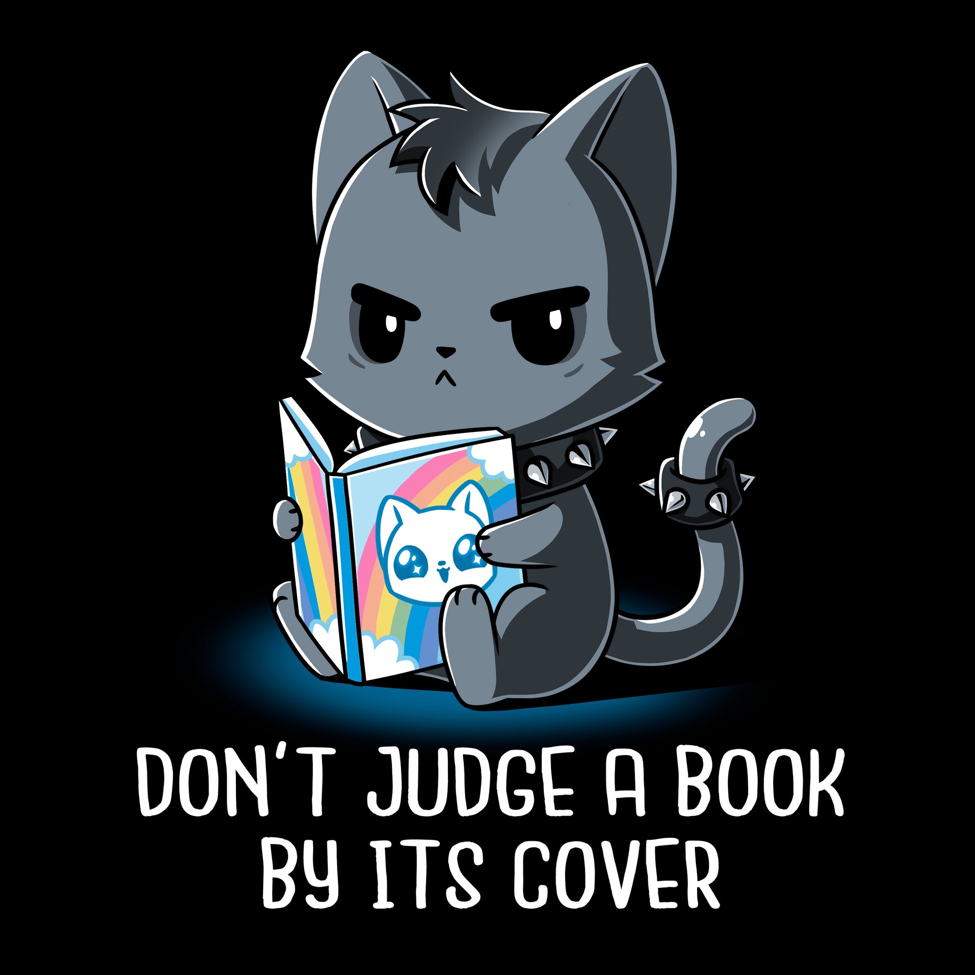 Long Sleeve T-shirt_TeeTurtle Don't Judge a Book By It's Cover black t-shirt featuring seemingly grumpy, goth-looking cat wearing a spiked collar and spiked ring on its tail reading a bright, happy-looking rainbow-covered book above the text 'Don't Judge A Book By Its Cover.'