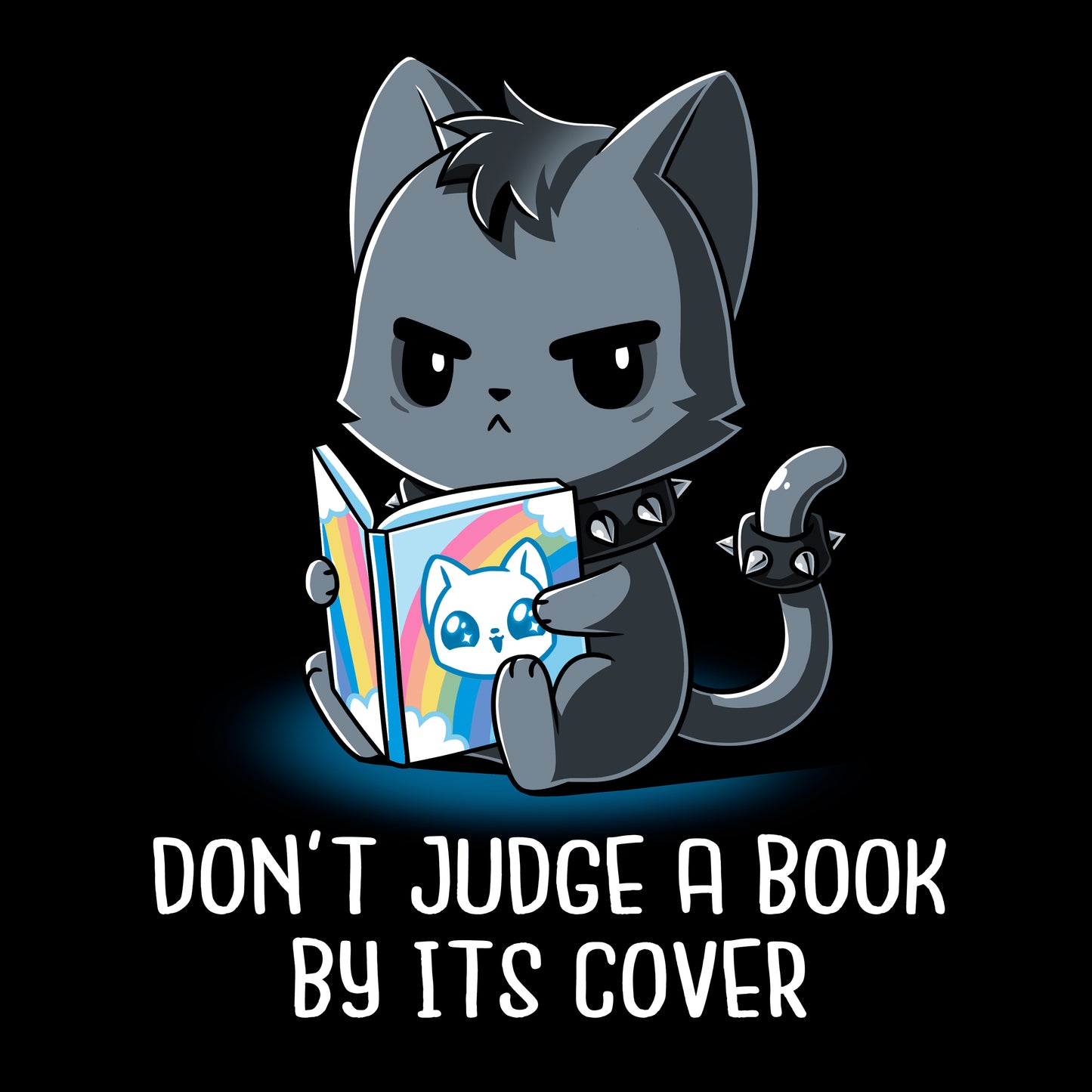 Crew Neck Sweatshirt_TeeTurtle Don't Judge a Book By It's Cover black design featuring seemingly grumpy, goth-looking cat wearing a spiked collar and spiked ring on its tail reading a bright, happy-looking rainbow-covered book above the text 'Don't Judge A Book By Its Cover.'