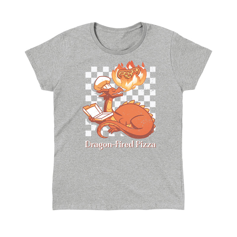 Classic Cotton T-shirt_TeeTurtle Dragon-Fired Pizza heather gray t-shirt featuring a dragon wearing a chef's hat, breathing extra hot fire onto a pizza while holding an open pizza box. Text at the bottom reads "Dragon-Fired Pizza."