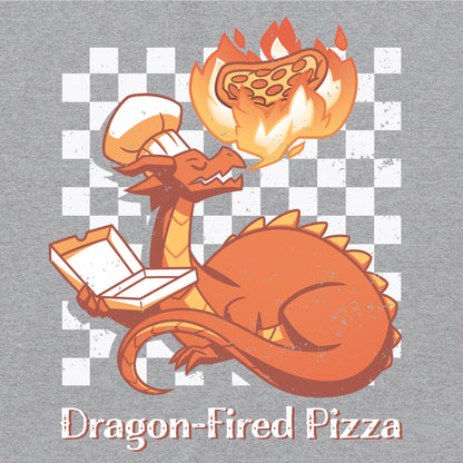 Classic Cotton T-shirt_TeeTurtle Dragon-Fired Pizza heather gray t-shirt featuring a dragon wearing a chef's hat, breathing extra hot fire onto a pizza while holding an open pizza box. Text at the bottom reads "Dragon-Fired Pizza."