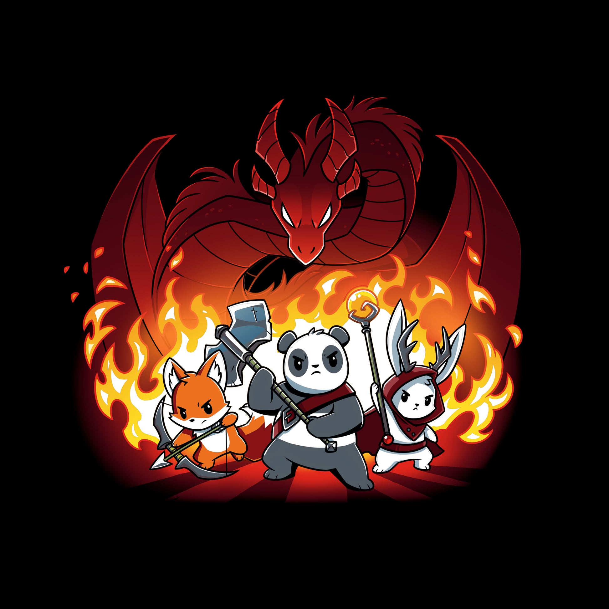 Classic Cotton T-shirt_TeeTurtle Dragon Fight black t-shirt featuring a panda warrior, an archer fox, and a winged cat standing ready for battle in front of a fire-breathing red dragon, with flames in the background.