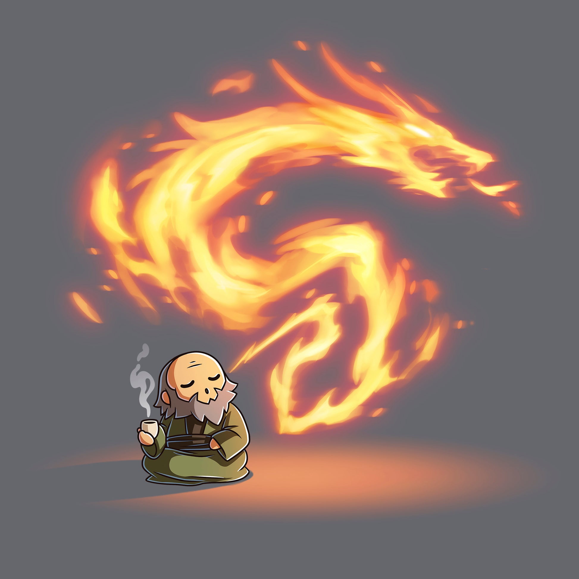 Classic Cotton T-shirt_TeeTurtle charcoal gray The Dragon of the West Classic Cotton T-shirt featuring Iron from Avatar: The Last Airbender who is sitting peacefully on the floor drinking tea and exhaling fire in the shape of a dragon. 