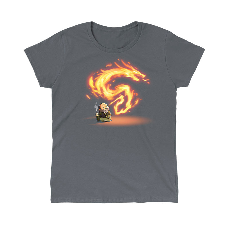 Classic Cotton T-shirt_TeeTurtle charcoal gray The Dragon of the West Classic Cotton T-shirt featuring Iron from Avatar: The Last Airbender who is sitting peacefully on the floor drinking tea and exhaling fire in the shape of a dragon. 