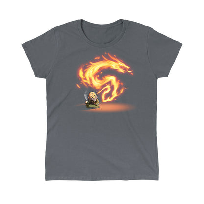 Classic Cotton T-shirt_TeeTurtle charcoal gray The Dragon of the West Classic Cotton T-shirt featuring Iron from Avatar: The Last Airbender who is sitting peacefully on the floor drinking tea and exhaling fire in the shape of a dragon. 