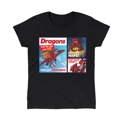 Classic Cotton T-shirt_TeeTurtle black Dragons: They're Just Like Us! t-shirt featuring a dragon getting groceries by holding a cow in a grocery bag and flying in the sky, taking a nap on a pile of gold coins, and shaking from anxiety.