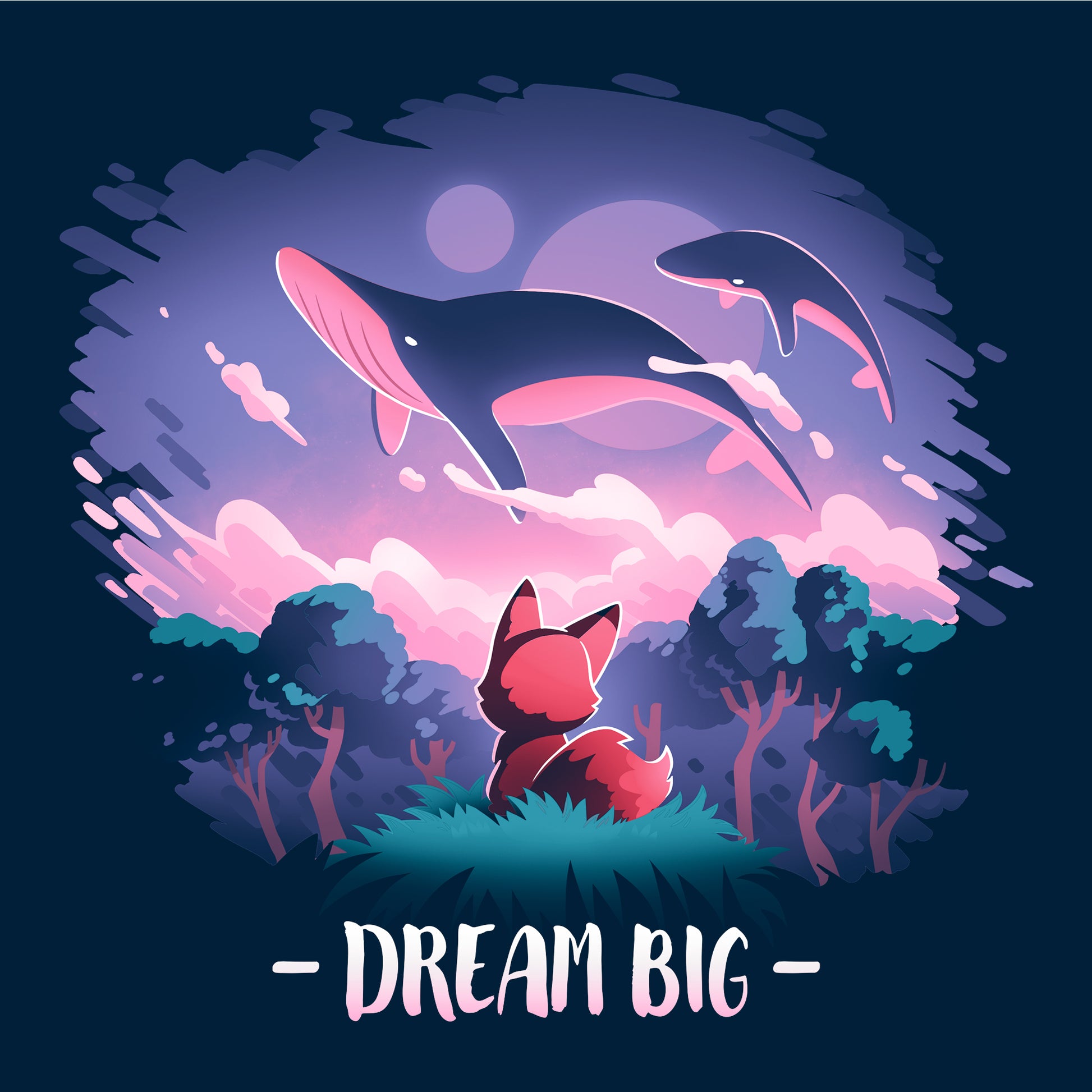 Long Sleeve T-shirt_TeeTurtle Dream Big navy blue t-shirt featuring an orange fox who gazes at magical whales flying in the night sky above a fantasy forest with the text "Dream Big" below.