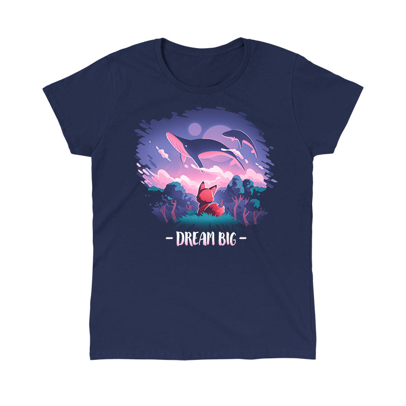 Classic Cotton T-shirt_TeeTurtle Dream Big navy blue t-shirt featuring an orange fox who gazes at magical whales flying in the night sky above a fantasy forest with the text "Dream Big" below.