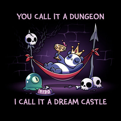 Crew Neck Sweatshirt_TeeTurtle black Dream Castle sweatshirt featuring a panda relaxing in a hammock propped with spears in a dungeon surrounded by skulls and a slime pet.